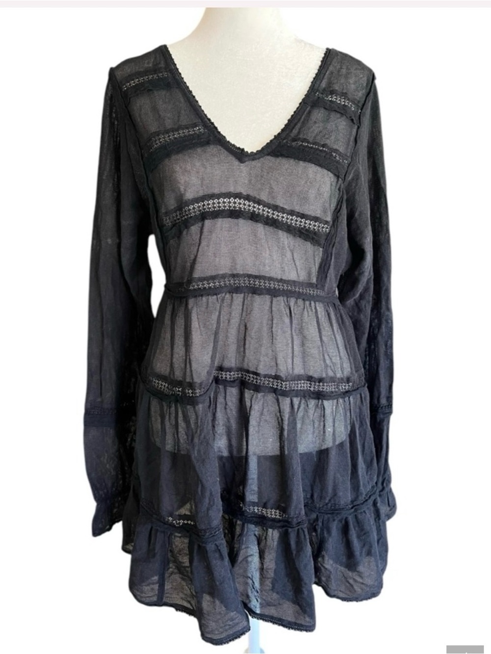 Free People lace and sheer Black V-Neck Tiered Women's Dress